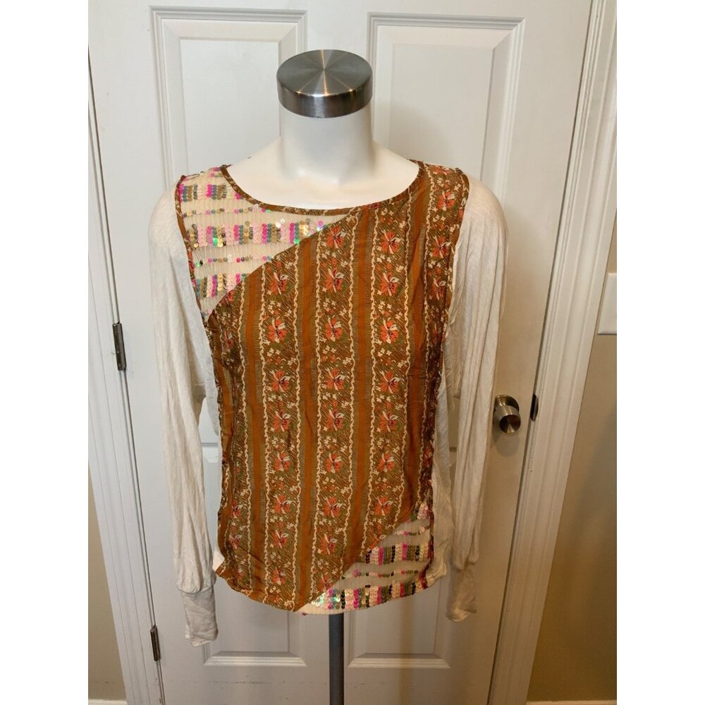 Tiny Anthropologie Tan Floral Sequin Long Sleeve Top,Size S